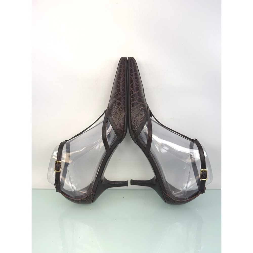 Lauren Ralph Lauren Brown Croc Embossed T Strap Kitten Heels Pointed Toe 8.5 y2k - Picture 7 of 11